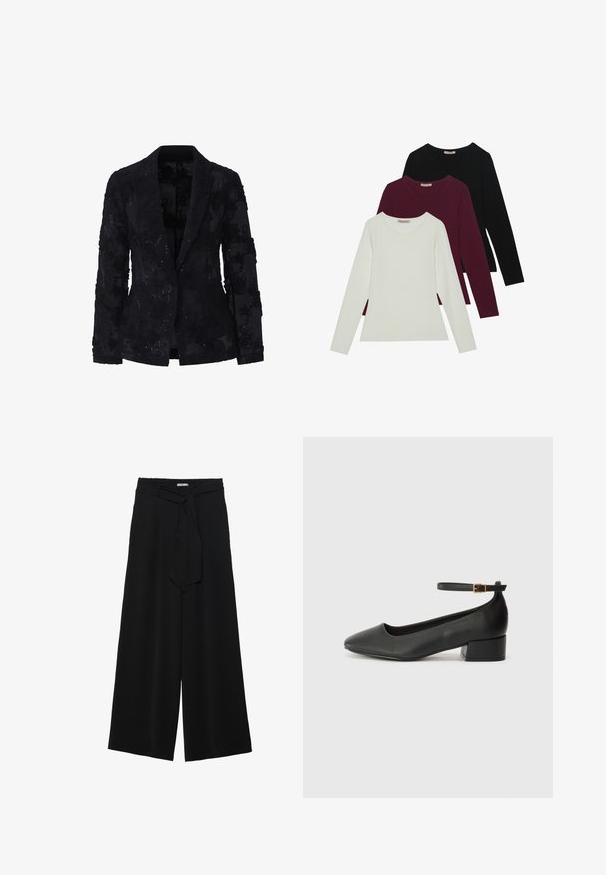 Black blazer made from sheer fabric, adorned with floral embroidery and sequins. Features a single-button closure and notched lapels.; Long-sleeve t-shirts in white, burgundy, and black. Made of soft fabric with a round neckline and fitted design. Suitable for layering.; Black wide-leg pants featuring a textured fabric, an elastic waistband, and a detachable sash tie at the waist for adjustable fit.; Black leather pump with a pointed toe and a low block heel. Features an ankle strap with a gold-tone buckle. Smooth texture.