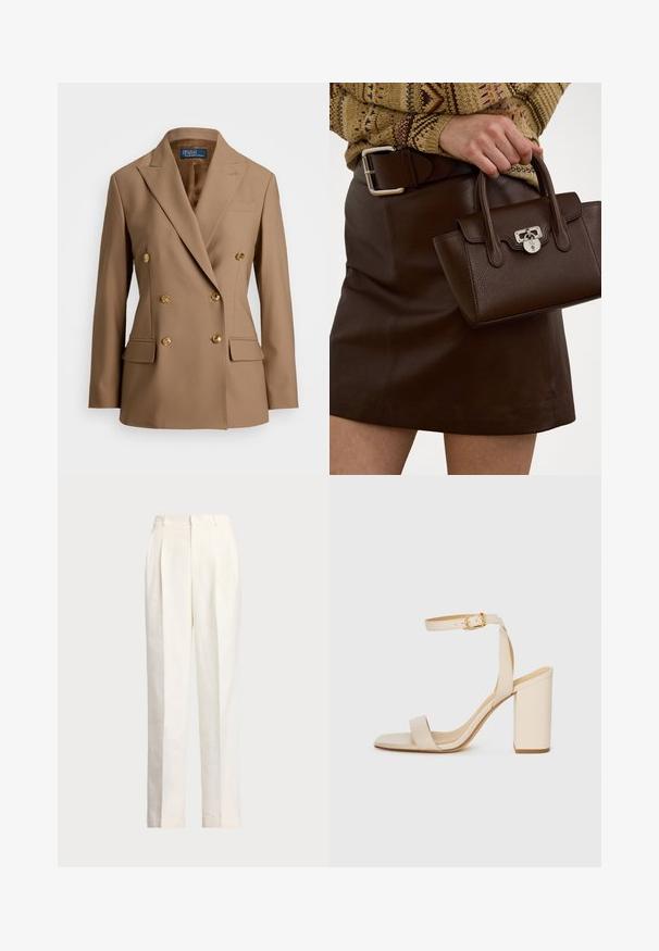 Divkārtīga žakete gaiši brūnā audumā ar zelta pogām, ar iegrieztām atloks un divām priekšējām kabatām ar gludu tekstūru.; Balts bezpaliktņa džemperis, izgatavots no gludas kokvilnas, ar ribotu apmalīti un mazu tumši zilu logotipu apakšējā kreisajā stūrī. Vienkārša dizaina, bez rakstiem.; Polo Ralph Lauren HEMP WIDE LEG PANT - Auduma bikses - nevis; Bežīgas augstpapēžu sandales ar kvadrātu purngalu, plānu potītes siksnu un blokveida papēdi. Gluda ādas tekstūra ar zelta sprādzi.; Brūna ādas rokassoma ar teksturētu apdari un sudraba furnitūru, turēta ar roku blakus brūnai ādas svārkiem un ar rakstu svārkiem.
