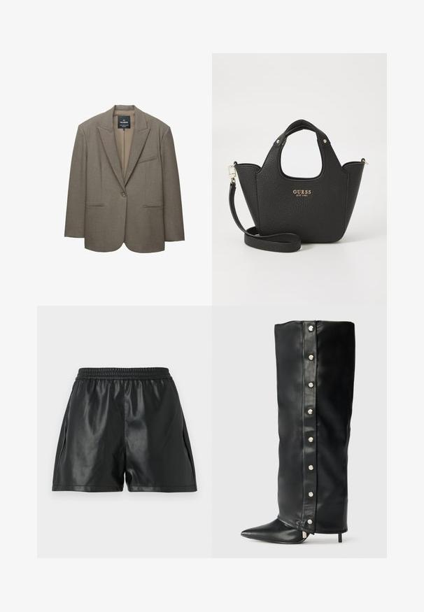 Blazer marron avec des épaules structurées, fermeture à un bouton et revers crantés. Dispose de deux poches avant et d'une doublure intérieure lisse.; Pull en tricot blanc avec des manches longues, un col rond et un ourlet côtelé. Il comporte un petit logo de la marque sur la poitrine.; Shorts en simili cuir noir avec une taille élastiquée, présentant une texture lisse et un design ample. Pas de motifs ou d'accents visibles.; Bottes noires en cuir à talons hauts présentant un design ajusté, un bout pointu et des accents de boutons-pression en argent le long du côté.; Sac à main noir texturé avec de courtes anses et une bandoulière amovible. Présente un accent de logo doré. Forme compacte et structurée.