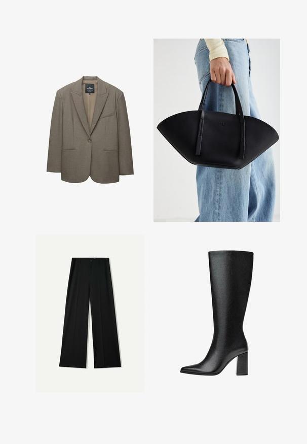 Brun blazer med strukturerede skuldre, enkelt knaplukning og hakker på revers. Har to forlommer og en glat inderside.; Sort T-shirt med korte ærmer og rund halsudskæring. Fremstillet af glat, elastisk bomuldsstof. Simpelt design uden mønstre eller grafik.; Bershka WIDE - Bukser - black; Sorte knæhøje støvler lavet af imiteret læder med spids tå, glat tekstur og en chunky blokhæl. Minimalistisk design uden synlige detaljer.; Sort læderhåndtaske med en unik vifteform, der har flade håndtag. Overfladen har en pebblelignende tekstur og et minimalistisk design.