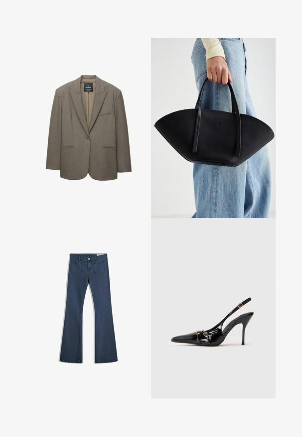 Bruine blazer met gestructureerde schouders, enkele knopen sluiting en notch revers. Voorzien van twee voorzakken en een gladde binnenvoering.; Witte T-shirt van zacht, lichtgewicht stof. Heeft een ronde halslijn en korte, brede mouwen met een ontspannen pasvorm. Geen zichtbare patronen.; Donkerblauwe flare jeans van denim met gestikte zakken, een knoopsluiting en een soepele textuur. Beschikt over een klassieke vijfzakkenontwerp.; Zwarte slingbacks van lakleer met een spits toelopende neus, dunne hak en decoratieve gouden gespen op de banden.; Zwarte leren handtas met een unieke waaier vorm, voorzien van platte handvatten. Het oppervlak heeft een gewelfde textuur en een minimalistisch ontwerp.