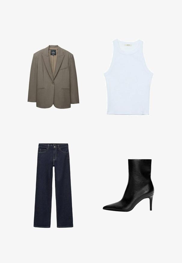 Rjav blazer z strukturiranimi rameni, enojnim gumbom za zapiranje in ovratnikom s klini. Ima dve sprednji žepi in gladko notranjo podlogo.; Bela majica bez rukavov, rebrasta tekstura, okrugli izrez, kroj koji prati tijelo, suptilno brendiranje na etiketi unutar ovratnika.; Temne oprane jeans hlače z sproščenim krojem. Imajo visok pas, pet žepov in kontrastno šivanje. Naravnan kroj nog, brez okrasnih elementov.; Črne usnjene gležnjarje s koničastim nosom in ozkim srednje visokim špicastim petam, gladke teksture in brez vidnih zaklepanj.
