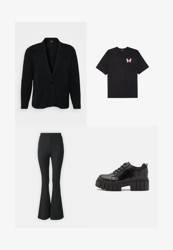 Blazer negro hecho de tejido texturizado, con solapa muesca, cierre de un solo botón y dos bolsillos frontales. Corte relajado con mangas largas.; Camiseta de algodón negra de manga corta, con un pequeño gráfico de mariposa rosa en el lado izquierdo del pecho. Diseño de cuello redondo con un corte relajado.; Pantalones acampanados negros hechos de tejido elástico. Presentan una cinturilla alta y un diseño ajustado y suave que se ensancha desde la rodilla hacia abajo.; Zapatos de plataforma de cuero negro con un tacón cuadrado grueso, punta redonda y diseño tradicional de cordones. Presenta una textura suave y un detalle minimalista.
