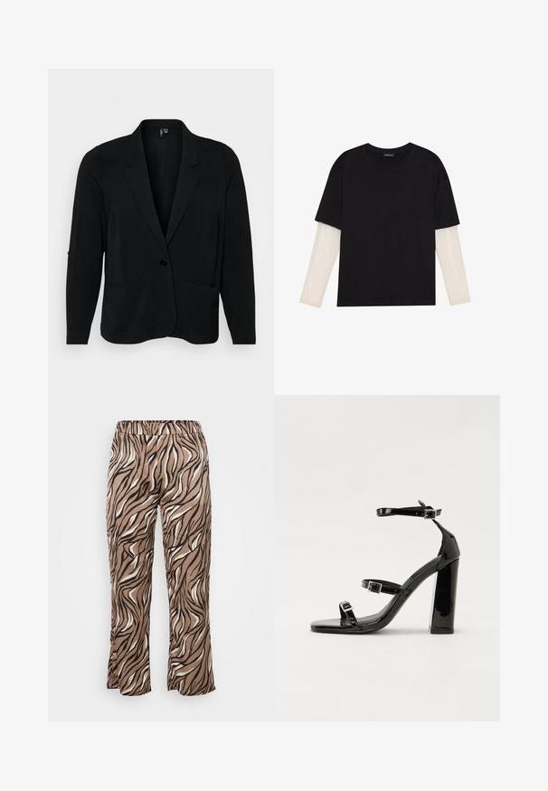 Blazer nero realizzato in tessuto testurizzato, con revers a punta, chiusura con un bottone e due tasche frontali. Vestibilità rilassata con maniche lunghe.; T-shirt nera in cotone con maniche corte sopra un sotto manica lunga bianca, caratterizzata da una sottile texture. Design con scollo rotondo.; Pantaloni a strisce zebrate marroni e crema con vita elastica, presentano un design a gamba larga e una texture di tessuto liscia.; Sandali con tacco in vernice nera, con punta squadrata, cinturini alla caviglia e fibbie in argento. Presentano un tacco a blocco spesso per maggiore stabilità.