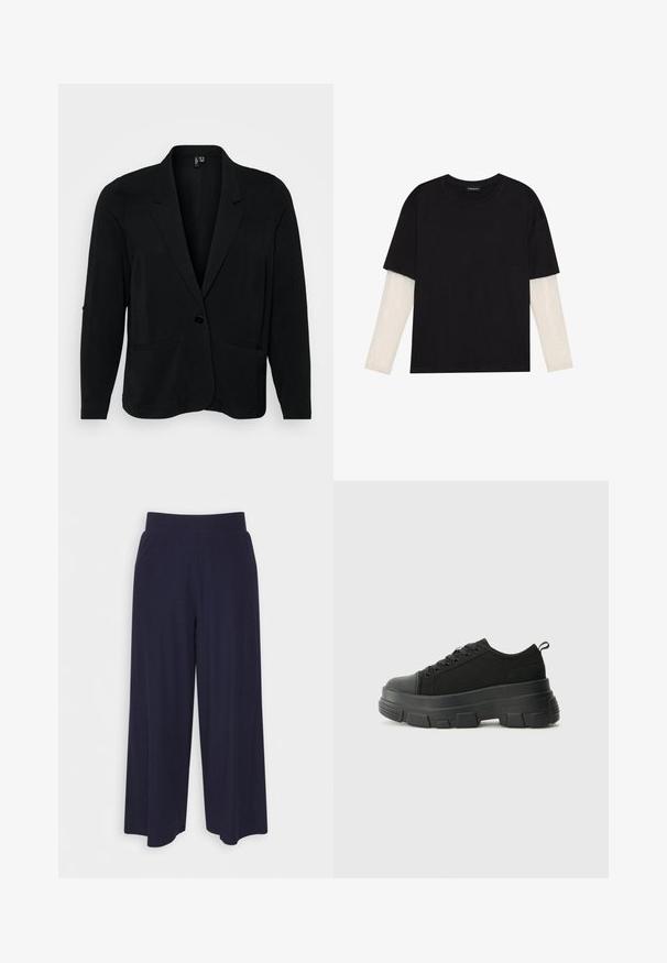 Svart kavaj tillverkad av texturerad tyg, med slagkrage, enkel knappstängning och två framfickor. Avslappnad passform med långa ärmar.; Svart t-shirt i bomull, med korta ärmar över ett vitt långärmat lager med en subtil texturdesign. Rundad halsringning.; Breda byxor i mörk marinblått tyg med ribbat mönster. Har en slät midjeband och en svängd silhuett som når till mitten av vadbenet.; Svarta sneakers med en kraftig gummisula, texturerad tygöverdel, rund tå och snörning. Har förstärkta öglor och dragflik bak.