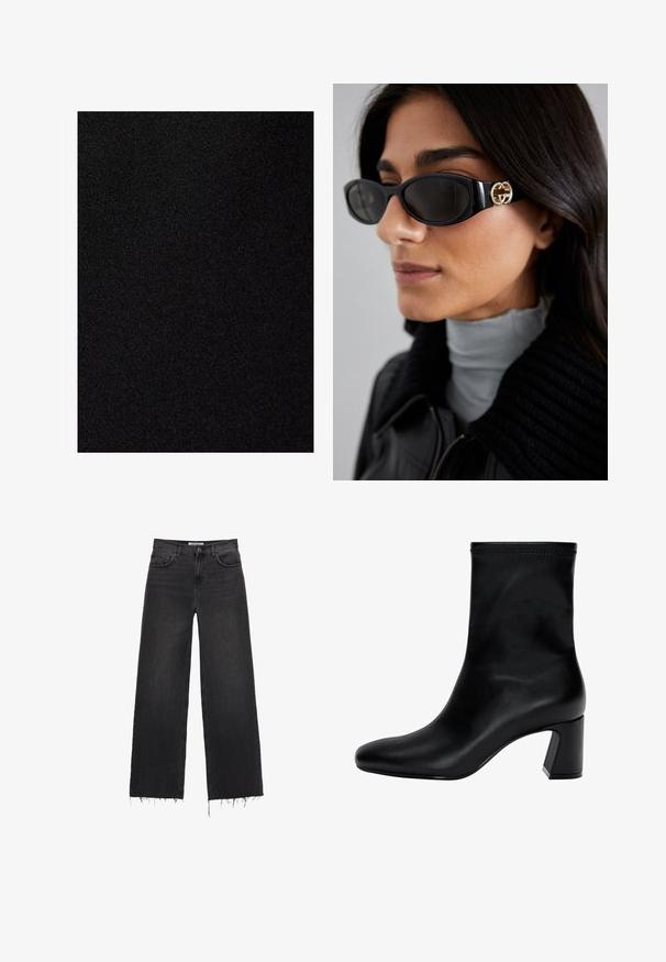 Tessuto nero con una texture liscia e opaca. La superficie è uniforme, senza motivi o cuciture visibili.; Maglione grigio lavorato a maglia con maniche lunghe, scollo rotondo e un motivo testurizzato. Tessuto morbido con una vestibilità ampia e una texture a costine.; Jeans in denim nero a gamba larga con vita alta e orlo sfilacciato, design a cinque tasche e chiusura con bottone. Texture liscia con un finish sbiadito.; Stivaletto nero fino alla caviglia in pelle liscia. Presenta una punta quadrata, un bordo elastico e un tacco robusto per la stabilità. Design minimalista.; Occhiali da sole neri con una montatura rettangolare elegante e un accento del logo dorato sul lato. Le lenti scure e la finitura lucida sono evidenti.; Borsa grigia con texture, dotata di manico imbottito, accenti in rete, tracolla regolabile e chiusura frontale. Design compatto con forma arrotondata.