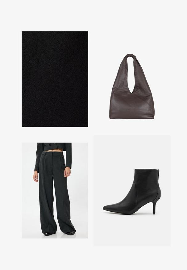 Czarna tkanina o gładkiej, matowej fakturze. Powierzchnia jednolita, bez wzorów i widocznych szwów.; Biała koszulka z krótkim rękawem wykonana z bawełny, z okrągłym dekoltem i luźnym krojem. Gładka tekstura, bez widocznych wzorów czy ozdób.; Szare spodnie w szerokim kroju z teksturowanej tkaniny, z wysokim stanem, kieszeniami bocznymi i szlufkami na pasek. Gładkie wykończenie i subtelne plisy.; Anna Field - Ankle boot; Brązowa skórzana torba o luźnym, oversize'owym kroju. Posiada pętle do noszenia oraz głębokie V-kształtne otwarcie dla łatwego dostępu. Miękka tekstura, minimalistyczny styl.