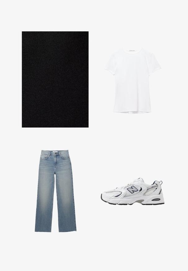 Zwarte stof met een gladde, matte textuur. Het oppervlak is consistent zonder patronen of zichtbare naden.; Witte short-sleeve t-shirt van gladde stof, met een ronde halslijn en subtiele stiksels bij de zoom.; Lichtblauwe wijdleg jeans van denim, met een hoge taille, voorzakken en een knoopsluiting. Soepele textuur met vervaagde gebieden.; Witte sport schoen met mesh bovenkant, marineblauwe accenten en een gehoorzaamde zool. Bevat het "N" logo, veters en een gestructureerde detail aan de zijkant.