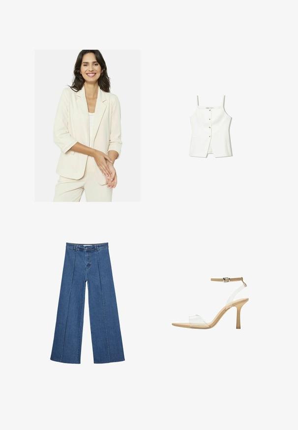 Světle béžový blejzr s uvolněným střihem, s klasickým klopou, tříčtvrtečními rukávy a měkkou texturou. Nosený přes bílý top.; Bílý bezrukávový top se zapínáním na knoflíky vpředu, postranními kapsami a přiléhavým střihem s mírně rozšířeným lemem. Hladká textura, minimální detaily.; Džíny s širokými nohavicemi v středně modré barvě, se zvýšeným pasem, knoflíkovým zapínáním a kontrastními vertikálními švy vpředu.; Průhledná sandálová obuv s průhledným svrškem, béžovou stélkou a štíhlým páskem kolem kotníku. Má špičatou špičku a tenký vysoký podpatek.