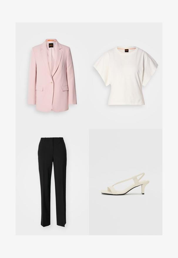 Blazer rose sur mesure avec revers crantés, fermeture à un bouton, deux poches avant et une texture lisse. Étiquette de marque visible à l'intérieur du col.; T-shirt blanc cintré, manches courtes et larges, en coton doux, décolleté rond avec une discrète bordure orange, design minimaliste, sans motifs ni graphiques.; Pantalon noir ajusté avec une coupe droite, présentant une texture lisse et des plis nets sur le devant. Aucune quincaillerie visible.; Sandales beiges à talons carrés avec des fines brides et un bout carré. Matière lisse avec des détails minimaux, conçues pour un port facile.
