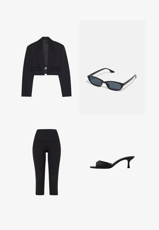 Zkrácený černý blejzr se strukturovanou siluetou, širokými klopami, jednohákovým zapínáním a hladkým povrchem. Minimalistický design, bez vzorů.; Černý krajkový top s odhalenými rameny, dlouhými zvonovými rukávy a vlnitými okraji. Texturovaný květinový vzor po celém povrchu.; Černé legíny tříčtvrteční délky vyrobené z elastického materiálu, s vysokým pasem a bez viditelných vzorů či kovových prvků.; Černé lodičky na vysokém podpatku s širokým, otevřeným špičkou a zakřiveným svrškem. Vyrobené z texturované látky, mají štíhlý podpatek a hladkou podrážku.; Černé sluneční brýle typu cat-eye s tmavými skly, plastovým rámem, úzkými nohami a jemným brandingem na vnitřní straně ramene. Matte povrchová textura.