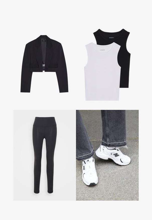 Tailliertes schwarzes Blazerjacke mit strukturierter Silhouette, breiten Revers, einzelnem Hakenverschluss und glatter Textur. Minimalistisches Design, ohne Muster.; Zwei ärmellose Oberteile in Schwarz und Weiß, aus geripptem Baumwollstoff, mit runden Ausschnitten und einem taillierten Design. Etiketten auf beiden sichtbar.; Schwarze Leggings aus dehnbarem Stoff, mit hohem Bund, enger Passform und nahtloser Konstruktion, geeignet für Sportbekleidung.; Weiße New Balance Sneakers mit einem Obermaterial aus Mesh und Synthetik und schwarzen Akzenten. Getragen mit grauen Jeans mit ausgefransten Säumen auf einer strukturierten Oberfläche.