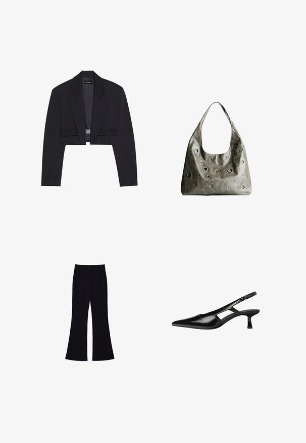 Giacca nera accorciata con una silhouette strutturata, ampi revers, chiusura con un gancio singolo e superficie liscia. Design minimalista, senza motivi.; Canotta nera in cotone, caratterizzata da un colletto rotondo e ampi giromanica. Texture liscia con orli cuciti. Design classico e minimalista.; Pantaloni neri a palazzo con vita alta e senza tasche o bottoni visibili, mostrati su uno sfondo bianco.; Tacchi slingback in pelle verniciata nera con punta affusolata, design con tagli laterali e tacco quadrato piccolo. Texture liscia con dettagli minimi.; Borsa a tracolla in pelle verde oliva con un design morbido, caratterizzata da tagli circolari di diverse dimensioni e dettagli in tonalità più scure e più chiare.