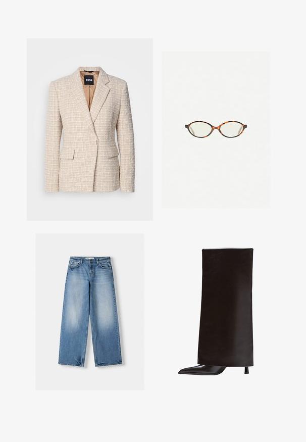 Bež blazer iz teksturiranega blaga z tkano vzorcem, z izrezanim ovratnikom, dvema sprednjima žepoma in satenskim podlogo.; Bela srajca s dolgimi rokavi, ki ima klasičen ovratnik, strukturirano prileganje in subtilne navpične šive za dodaten detajl.; Svetlo modri kavbojki z ohlapnim krojem, širokimi hlačnicami in zbledelimi deli. Narejeni so iz denima s klasičnim petim žepnim dizajnom in zapiranjem na vrhnji gumb.; Črne škornje do kolen, izdelane iz gladke usnje, z ostro točko in ozkim peto. Minimalističen dizajn z elegantno in strukturirano silhueto.; Kornjačaste očala z ovalnimi lečami in gladko, sijočo površino. Imajo tanke stranice z rahlim ovinkom na templjih. Prosojne leče.