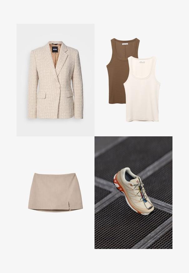 Béžový blazer z textúrovanej tkaniny s tkaným vzorom, so zúženým klopom, dvoma prednými vreckami a saténovou podšívkou.; Dvoje tielok: jedny v tmavo hnedé farbe s rebrovanou textúrou a širokýma ramienkami, druhé v off-white farbe, hladká tkanina s podobným dizajnom.; Béžová priliehavá sukňa z textúrovanej látky, s miernym bočným rozparkom. Jednoduchý dizajn postráda ďalšie kovové prvky alebo vzory.; Béžová bežecká obuv s oranžovými akcentmi, navrhnutá s textúrovaným zvrškom, čiernou podrážkou a integrovanými šnúrkami. Obsahuje značku GORE-TEX.