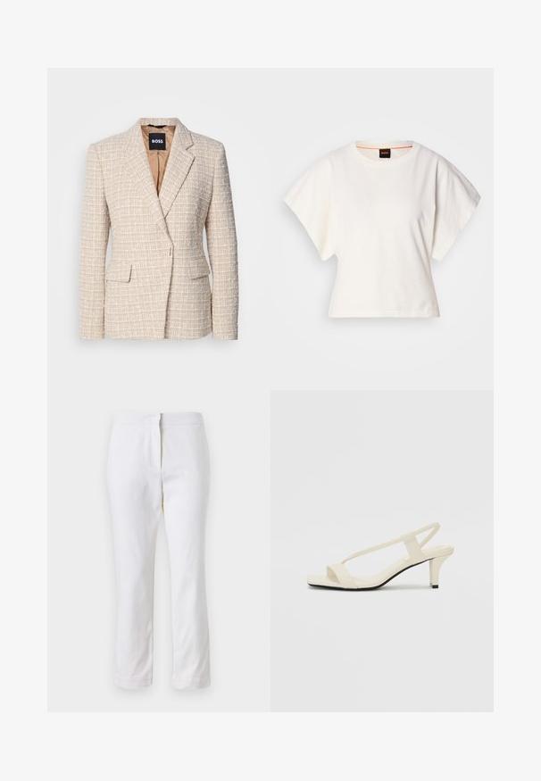 Beige blazer made of textured fabric with a woven pattern, featuring a notched lapel, two front pockets, and a satin interior lining.; White cropped T-shirt, short wide sleeves, soft cotton material, round neckline with subtle orange trim, minimal design, no patterns or graphics.; White cotton pants with a straight leg design, featuring a mid-rise waist and no visible hardware or patterns. Smooth texture throughout.; Beige block-heeled sandals with thin straps and a square toe. Smooth material with minimal detailing, designed for easy wear.