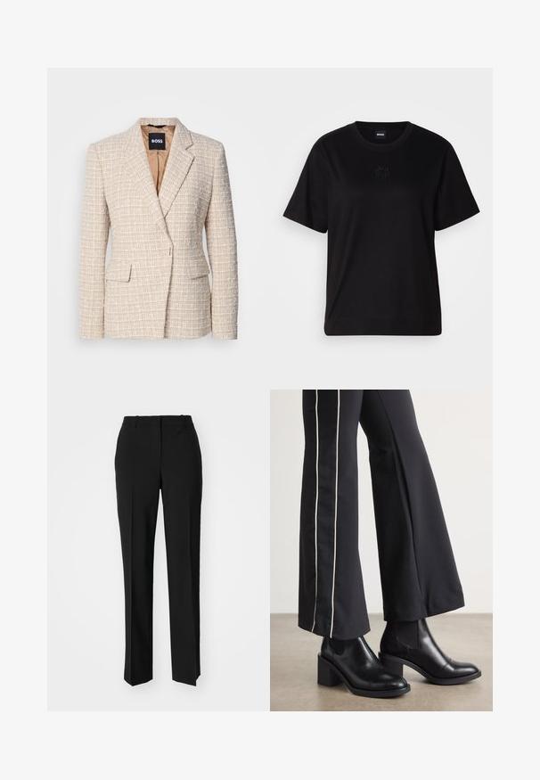 Beige blazer made of textured fabric with a woven pattern, featuring a notched lapel, two front pockets, and a satin interior lining.; Black cotton t-shirt with a crew neckline, short sleeves, and an embroidered logo on the chest. Simple, relaxed fit with no patterns.; Black tailored trousers with a straight-leg design, featuring a smooth texture and crisp creases along the front. No visible hardware.; Black leather ankle boots with a block heel, featuring elastic side panels. Paired with black pants that have a white side stripe.