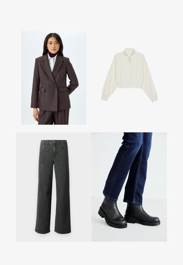 Dubbelzijdig donkerbruine blazer met pinstrepen, met schoudervullingen, notch revers en voorzakken; gladde stof met contrasterende dunne strepen.; Geknipt pullover in crèmekleurige stof, met een hoge kraag, halve rits, elastische zoom en manchetten, met een soepele textuur en minimalistisch ontwerp.; Brede pijpen jeans in donkergrijs denim, met een subtiele zebra-structuur, contrasterende stiksels en een vijf-pocket ontwerp met een knoopsluiting.; Zwarte leren enkelboots met een dikke zool en zij-elastische panelen, gecombineerd met donkerblauwe jeans. De grond is lichtgekleurd.