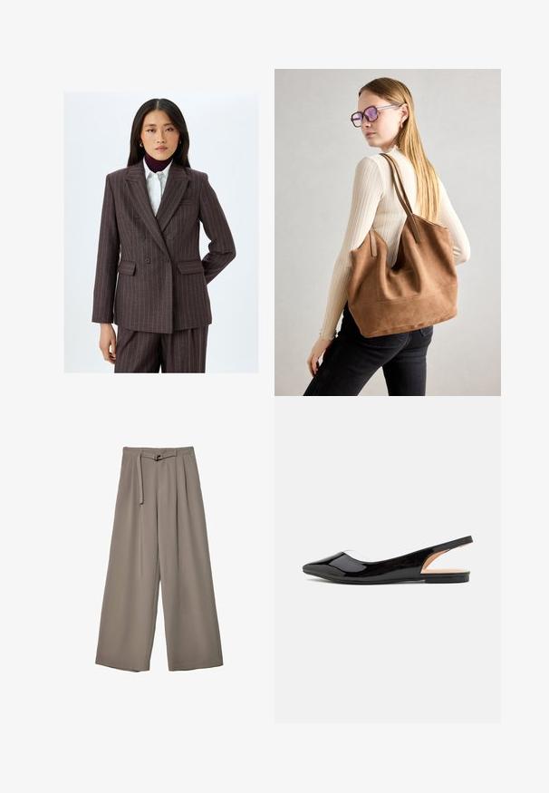 Dwurzędowa marynarka w ciemnym brązowym kolorze w prążki z poduszkami na ramionach, klapami o kroju notcha oraz przednimi kieszeniami; gładka tkanina z kontrastującymi cienkimi prążkami.; Brązowa koszulka z krótkim rękawem, wykonana z miękkiego materiału, z okrągłym dekoltem i luźnym krojem. Brak widocznych wzorów lub akcentów.; Spodnie o szerokich nogawkach w miękkim, stonowanym szarym materiale, z paskiem w talii i plisami dla dodania detali projektowych. Gładka tekstura, bez wzorów.; Czarne lakierowane baleriny na odkrytej pięcie z wysmuklonym noskiem, przezroczystym panelem bocznym i płaską podeszwą, z gładkim, błyszczącym wykończeniem.; Brązowa torebka typu tote wykonana z zamszu o miękkiej teksturze, z dużym otwarciem i długimi paskami. Charakteryzuje się prostym designem z widocznymi szwami i bez elementów metalowych.