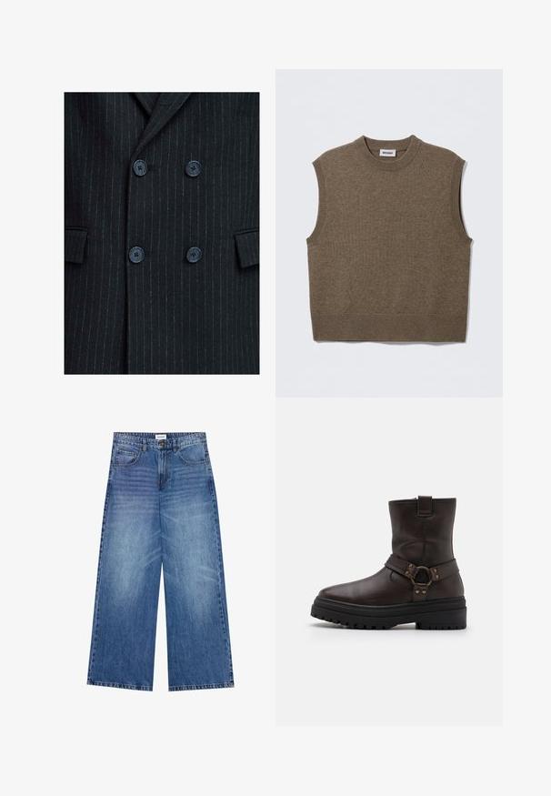 Schwarzer Nadelstreifen-Doppelbrustblazer mit strukturiertem Finish, ausgestattet mit vier blauen Knöpfen und zwei Fronttaschen.; Brauner, ärmelloser Strickpullover mit rundem Ausschnitt, gerippten Kanten und weicher Textur; Etikett trägt die Aufschrift "WEEKDAY."; Hellblaue Jeans im weit geschnittenen Stil, mit Knopfverschluss, vier Taschen und einer leicht verwaschenen Textur auf dem Stoff.; Braune Leder-Stiefelette mit quadratischer Zehenform, Schnallenakzenten und einer dicken schwarzen Sohle. Verfügt über einen seitlichen Reißverschluss und eine strukturierte Oberfläche.
