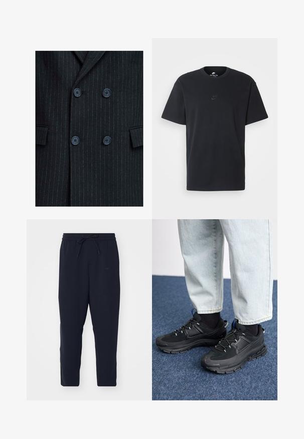 Black pinstripe double-breasted blazer with a textured finish, featuring four blue buttons and two front pockets.; Nike black cotton t-shirt with a classic crew neck, short sleeves, and a subtle, embossed logo on the chest. Smooth texture.; Navy jogger pants made of soft fabric, featuring an elastic waistband with a drawstring, tapered legs, and side pockets.; Black athletic shoes with textured fabric and rubber soles, featuring elastic laces and a blue accent on the heel. Worn with light denim pants.