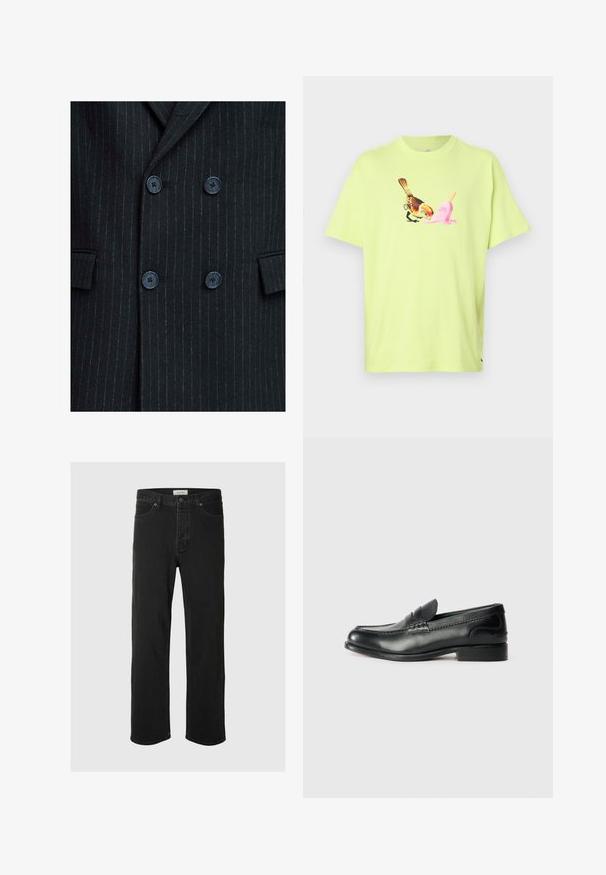 Fekete csíkos, dupla gesztenyés zakó, textúrált felülettel, négy kék gombbal és két elülső zsebbel.; Lime zöld pamut póló, amelyen egy madár és egy rózsaszín jégkrém-kúp grafikai ábrázolása látható, egyszerű kerek nyakkal és rövid ujjakkal.; Fekete farmer egyenes szárú jezák klasszikus öt zsebes dizájnnal, gombos záródással, minimális varrással és puha tapintással rendelkezik.; Fekete bőr mokaszinok sima felülettel, varrott részletekkel a lábfej részen és kissé megemelt sarokkal.