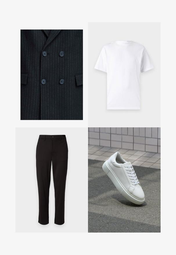 Sort stikmønstret dobbeltradet blazer med en struktureret finish, der har fire blå knapper og to forlommer.; Hvid kortærmet t-shirt lavet af bomuld med rund hals, der har en glat tekstur og et simpelt design uden mønstre eller accenter.; Sorte bukser lavet af letvægtsstof, med lige ben, frontknaplukning, bæltestropper og sidelommer.; Hvide lædersneakers med en glat overflade, rund tå og flade hvide snørebånd. Har en tekstureret gummisål og minimalt design.