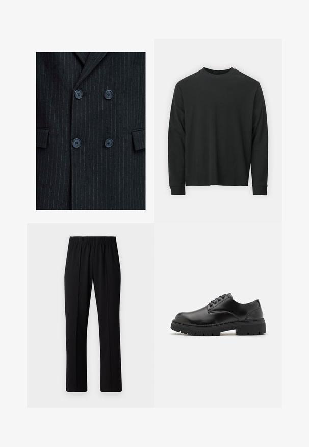 Black pinstripe double-breasted blazer with a textured finish, featuring four blue buttons and two front pockets.; Long-sleeve black T-shirt made of cotton, featuring a round neckline, loose fit, and ribbed cuffs. Smooth texture with no visible patterns.; Black, elastic-waist trousers with a straight-leg design, featuring a smooth texture and no visible patterns or hardware.; Black leather shoes with a rounded toe, lace-up design, and a thick, textured rubber sole. Features stitching along the edge and a smooth finish.