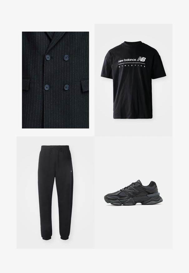 Juodas dryžuotas dvigubas švarkas su tekstūru, turintis keturias mėlynas mygtukus ir dvi priekinės kišenes.; Juodas medvilninis marškinėlis su apvali apykakle, trumpomis rankovėmis ir baltais tekstais "new balance" ir "ATHLETICS" priekyje.; Juodi sportiniai kelniai, pagaminti iš minkštos medžiagos, su elastinga juosmena, raišteliu ir siaurėjantys ties apačia, su subtiliu logotipu šone.; Juodas bėgimo batelis, pagamintas iš tinklinės ir sintetinės medžiagos, turintis stambų pado dizainą, kreivą formą ir ryškią prekės ženklą šone.