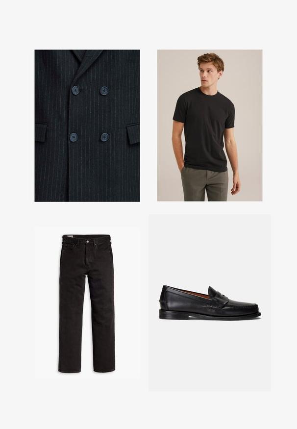 Sort stikmønstret dobbeltradet blazer med en struktureret finish, der har fire blå knapper og to forlommer.; Ung mand med krøllet lysebrunt hår iført sort kortærmet t-shirt og grå bukser, ser mod venstre med hænderne i lommerne.; Sorte lige bukser i denim med fem lommer, knaplukning og bæltestropper, lagt fladt ud på en hvid baggrund.; Sorte læderloafer med en glat finish, rundet tå og et dekorativt bånd over overdelen. Har en lav sort sål.