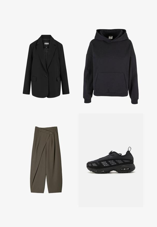 Blazer negru cu un design structurat, cu închidere cu un singur nasture, revere cu tăietură și două buzunare frontale. Fabricat dintr-un material neted, cu o croială adaptată.; Hanorac negru din bumbac cu o buzunar mare tip kangur, glugă largă, manșete și tiv din bumbac ribat. Design simplu, de tip pulover, fără modele vizibile.; Pantaloni cu croi larg dintr-un material verde măsliniu închis, cu un design pliat în față, închidere cu nasture și o suprafață lustruită și texturată.; Pantofi sportivi negri cu talpă amortizată, partea superioară din plasă și accente texturate. Include un tab de tragere și un sistem de prindere circular în partea de sus.