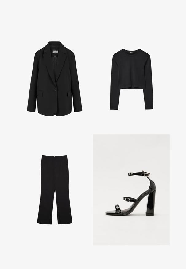 Zwart blazer in een gestructureerd ontwerp met een enkele knoopsluiting, notch-revers en twee voorzakken. Gemaakt van een gladde stof met een getailleerde pasvorm.; Zwarte lange mouwen cropped top met ronde halslijn, eenvoudige ontwerp en een licht gebogen zoom.; Zwarte broek met een rechte pasvorm, voorzien van zijzakken en plooien aan de onderzijde. Gemaakt van zachte, gladde stof. Geschikt voor verschillende gelegenheden.; Zwarte gepatenteerde sandalen met hak en een vierkante neus, enkelbandjes en zilveren gespen. Heeft een stevige blokhak voor stabiliteit.