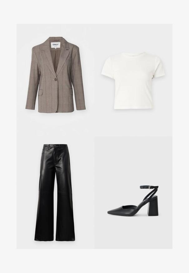 ONLY ONLJANA LIFE BOY - Bleiser - sugar almond/pine grove/sodalite blue; Lühike valge T-särk, mis on valmistatud puuvillast, lühikeste varrukatega, ümmarguse kaelusega ja sirge lõikega, omades sileda tekstuuri ja minimaalset disaini.; Mustad talje laiad jalad kunstnahast püksid esipaneeli nööbi ja lukuga, vöödega ja küljetaskutega valge tausta peal.; Mustmustest must-käigukingad, millel on konksuga nöör ja paks konts. Ühtlane tekstuur, stiilne disain ja minimalistlik esteetika.