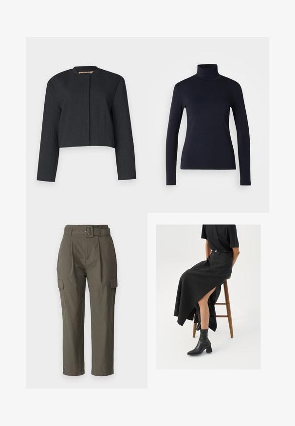Casaco curto cinza escuro em tecido texturado, com mangas longas e decote redondo, apresentando um design frontal limpo.; Camisola de gola alta de manga longa na cor navy. Feita em tecido suave com uma textura lisa. Apresenta um design ajustado e gola alta sem costuras visíveis.; Calças cargo em verde olivine, feitas de um tecido leve. As características incluem uma cintura com cinto, pregas na frente e bolsos laterais com fechos em aba.; Saia maxi de linho preta com uma fenda alta, usada com uma t-shirt preta e botas cano curto pretas. Design minimalista com um corte descontraído.