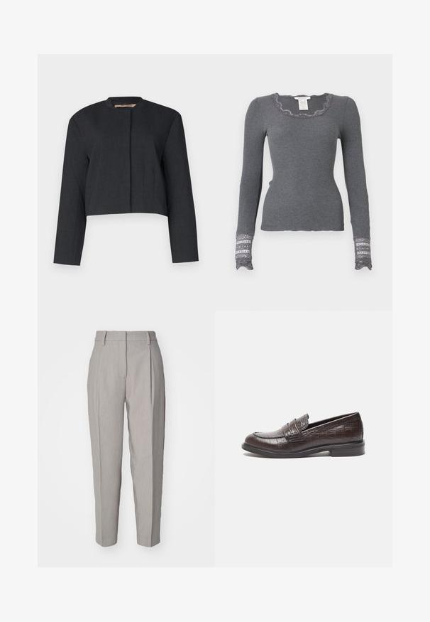 Tamsiai pilka, trumpa striukė, pagaminta iš tekstūruoto audinio, su ilgomis rankovėmis ir apvaliu kaklu, turinti tvarkingą priekinį dizainą.; Pilkas ilgomis rankovėmis, raukšlėtas viršus su banguotu kaklu ir nėriniuotais rankogaliais, pasižymintis tekstūruotu raštu.; Šviesiai pilki pasiūti kelniai su lygiu paviršiumi, susiūtomis klostėmis priekyje ir tiesių kojų dizainu. Turintys diržo kilpas ir blizgantį apdailą.; Tamsiai rudos spalvos odiniai loaferiai su krokodilo tekstūra, žemu kulnu ir siuvinėjimu priekyje, kad suteiktų papildomą dizainą.