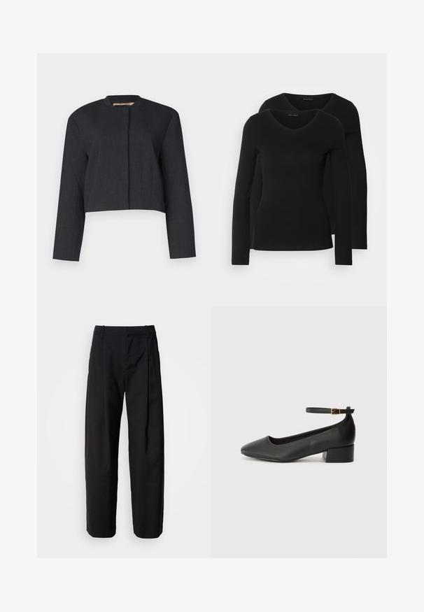 Kurtā tumši pelēka jaka, kas izgatavota no teksturēta auduma, ar garām piedurknēm un apaļu kakla izgriezumu, ar vienkāršu priekšpusi.; Divi melni krekli ar garām piedurknēm un V-veida kakla izgriezumu, izgatavoti no mīksta, elastīga auduma, ar gludu tekstūru un pieguļošu formas.; Melnas bikses ar brīvu piegriezumu, līdzenu priekšpusi un jostas cilpām. Gluda auduma un taisni kājas, ar sānu kabatām.; Melnas ādas sūkņi ar smailu purngalu un zemu bloku papēdi. Iezīmēts ar potītes siksniņu ar zelta krāsas sprādzi. Gluda tekstūra.