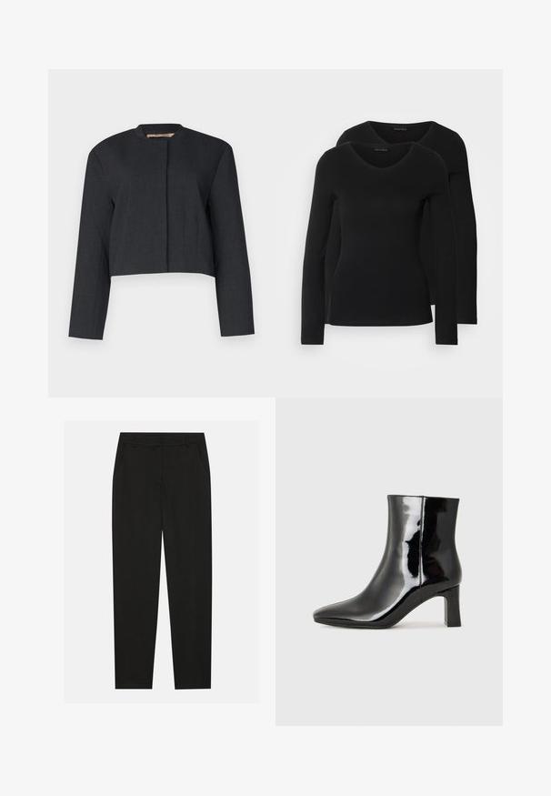 Zkrácená tmavě šedá bunda vyrobená z texturované látky, s dlouhými rukávy a kulatým výstřihem se čistým předním designem.; Dvě černé dlouhé rukávy trička s výstřihem do V, vyrobené z měkkého, elastického materiálu, s hladkou texturou a přiléhavým střihem.; Černé kalhoty s vytvarovaným střihem, které mají boční kapsy a rovné nohavice. Vyrobené z hladkého, lehkého materiálu s elegantním povrchem.; Černé lakované kotníkové boty s špičatou špičkou a středně vysokým blokovým podpatkem. Hladká textura a minimalistický design.