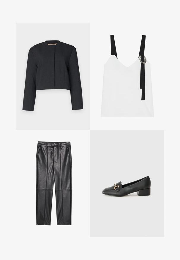 Casaco curto cinza escuro em tecido texturado, com mangas longas e decote redondo, apresentando um design frontal limpo.; Top sem mangas branco com decote em V, apresentando alças pretas e um detalhe em forma de argola prateada. Tecido suave e um design moderno e minimalista.; Calças de pele preta com uma textura suave, apresentando um ajuste reto, dois bolsos frontais e detalhes de costura visíveis.; Mocassins de couro preto com um salto baixo, apresentando um detalhe decorativo em metal dourado na parte da frente e uma textura suave.