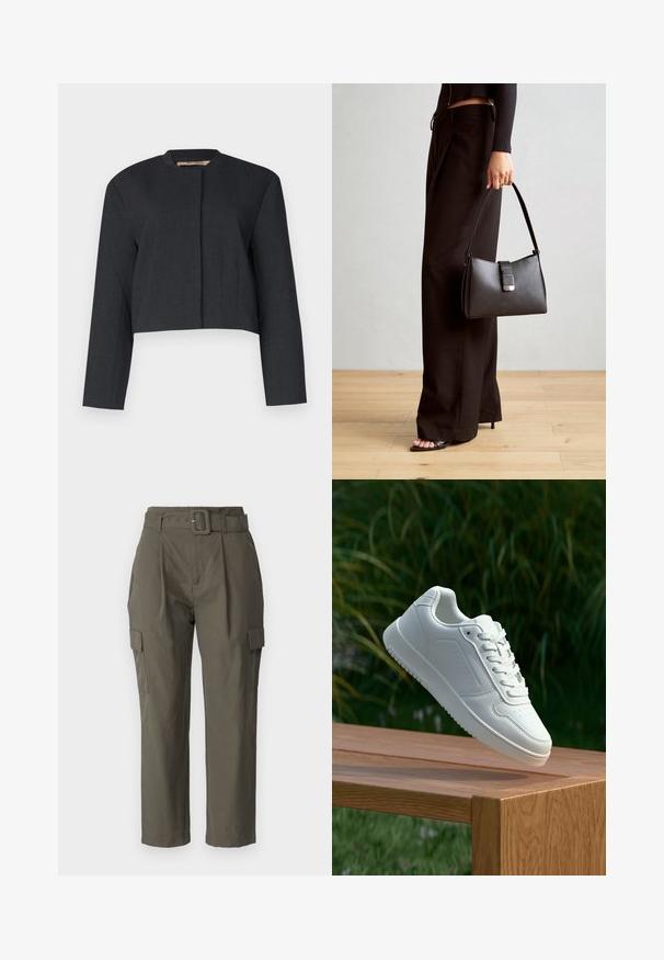 Kurtā tumši pelēka jaka, kas izgatavota no teksturēta auduma, ar garām piedurknēm un apaļu kakla izgriezumu, ar vienkāršu priekšpusi.; Melnas bezšuvju topiņš, izgatavots no ribota auduma, ar izgriezumu un pieguļošu formu. Gludas šuves un bez rotājumiem. Vienkāršs un elegants dizains.; Lietus bikses olīvzaļā krāsā, izgatavotas no viegla auduma. Iespējas ietver jostu vidukļa daļā, priekšējās krokas un sānu kabatas ar atloka aizdari.; Baltie sporta apavi ar gludu sintētisku augšpusi, perforētu pirkstu daļu, plakani šņorēm un rakstainu zoli, novietoti uz koka virsmas.; Melnā somiņa ar strukturētu formu, gludu tekstūru un metālu sprādzi. Saskaņota ar platām melnām biksēm un sandālēm ar atvērtu purngalu uz koka grīdas.