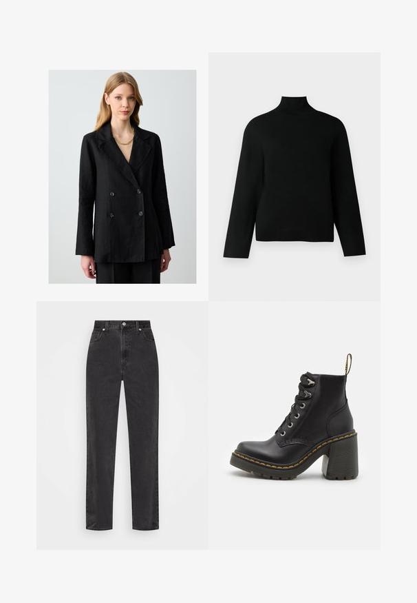 Schwarzer, doppelt gefütterter Blazer aus Leinen mit großen Knöpfen und breiten Revers. Mit langen Ärmeln und einem lockeren Schnitt.; Schwarzer Rollkragenpullover aus weichem Strickstoff, mit langen Ärmeln und einem entspannten Schnitt. Glatte Textur ohne sichtbare Muster oder Akzente.; Schwarze Denim-Jeans mit geradem Bein, hoher Taille, vorderem Knopf und Reißverschluss sowie fünf Taschen auf weißem Hintergrund.; Schwarze Lederstiefelette mit einem klobigen hohen Absatz, Schnürung vorne, metallischen Ösen und gelben Nähten entlang der Sohle. Strukturierten Gummiaußensohle.