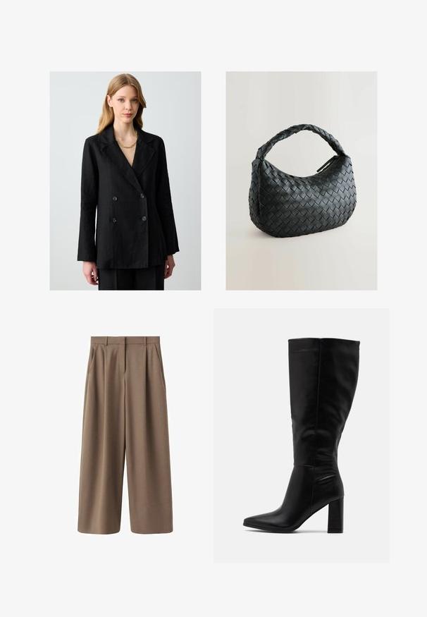 Blazer nero doppiopetto in lino con grandi bottoni e revers larghi. Presenta maniche lunghe e una vestibilità rilassata.; Pullover beige in maglia con scollo ampio e drappeggiato, maniche lunghe e polsini a coste. Tessuto morbido con un leggero motivo mélange.; Pantaloni larghi marroni con una texture liscia, pieghe frontali e vita alta. Presentano un design sartoriale e tasche laterali.; RAID JORDANN - Stivali con i tacchi - black; Borsa a tracolla nera intrecciata con forma arrotondata, superficie testurizzata e una robusta maniglia intrecciata. Dotata di chiusura con zip per una conservazione sicura.; Orecchini metallici dorati con un design ondulato; superficie liscia e riflettente; forma asimmetrica; nessun motivo o hardware visibile.