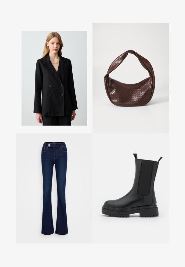Zwarte dubbelzijdige blazer van linnen met grote knopen en brede revers. Heeft lange mouwen en een ontspannen pasvorm.; Zwarte turtleneck met lange mouwen, gemaakt van ribbelstof, heeft een aansluitend ontwerp met een hoge hals en geen patronen of accenten.; Donkerblauwe uitlopende jeans met een hoge taille, twee voorzakken en twee knoopsluitingen. Gemaakt van denim met een zachte textuur.; RAID CHERISH - Plateaulaarzen - black; Bruine geweven leren handtas met een gebogen, geknoopte hengsel en een ritsluiting. Glad oppervlak en ronde vorm.; Set van drie elastische hoofdbanden in zwart en wit, met een gladde textuur en een eenvoudig, plat ontwerp. Elke band is uniform in breedte.