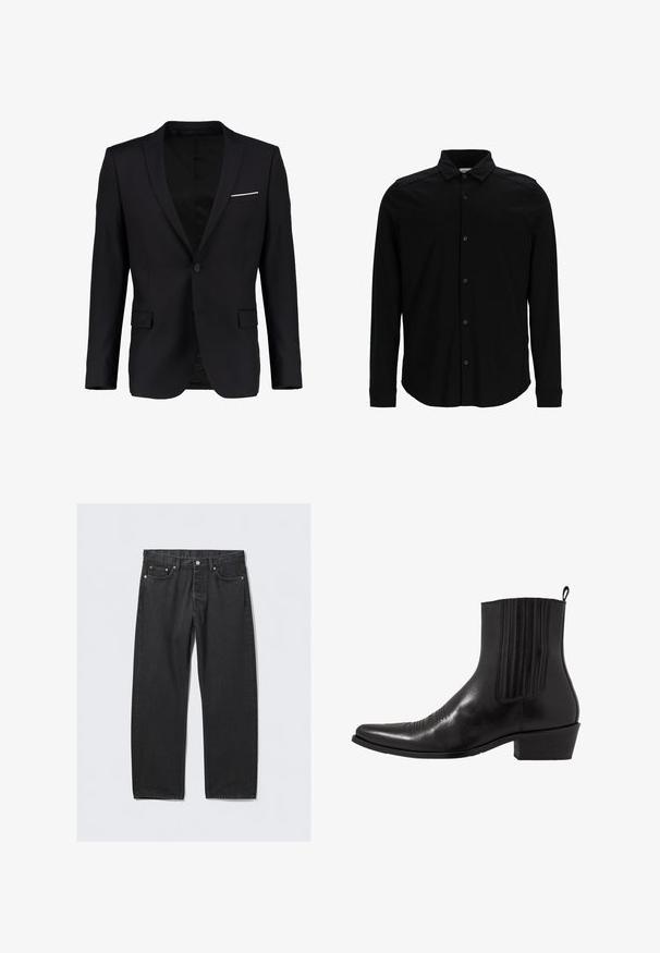 Zwarte blazer met één knoop, notch-revers en subtiele witte zakdoek. Gemaakt van soepele stof met een gestructureerde pasvorm.; Zwarte langmouwen shirt van gladde stof, met een knoopsluiting aan de voorkant, een kraag en een subtiel geborduurd logo op de borst.; Zwarte denim jeans met een rechte pijp, voorzien van een knoopsluiting, vijf zakken en hardwareaccenten in koperkleur. Soepele textuur.; Zwarte leren enkellaarzen met een spitse neus, elastische zijpanele, verticale stiksels en een lage blokhak.