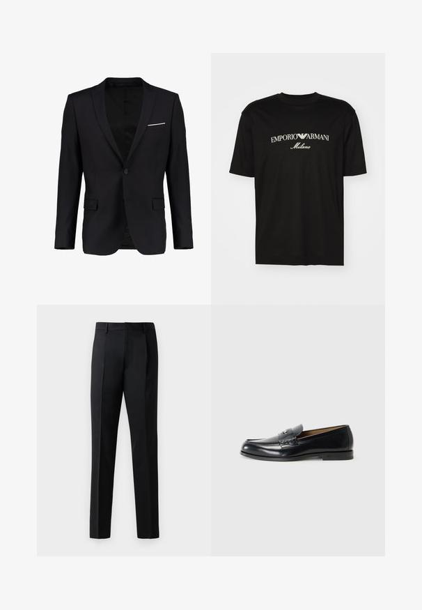 Sort blazer med én knap, notch lapels og en subtil hvid lommeklud. Fremstillet af glat stof med en struktureret pasform.; Sort bomulds T-shirt med rund halsudskæring, korte ærmer og "EMPORIO ARMANI" logo i hvid over "Milano" i et buet design.; Sorte formelle bukser lavet af et glat stof, med lige bendesign, frontplisseringer og standard talje uden udsmykning.; Læder loafers i sort med en glat finish, rund tå, dekorativ syning og et lille metalaccent foran.