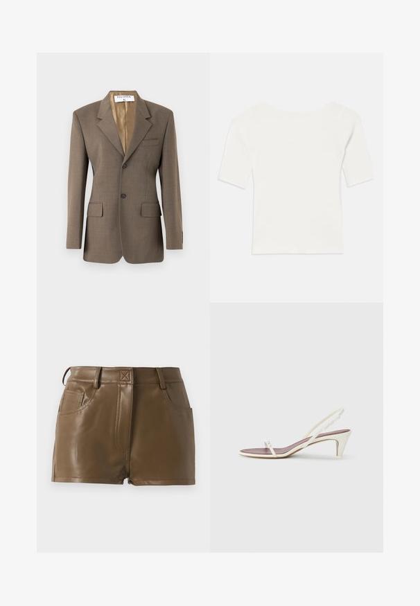 Filippa K TAILORED HOURGLASS - Žakete - driftwood; Balts ribots īsām piedurknēm tops ar plašu dekoltē. Raksts ietver vertikālas līnijas, uzsverot ciešu piegulšanu un vienkāršu dizainu.; Brūnas mākslīgās ādas šorti ar piegulīgu dizainu, jostasvieta ar jostu cilpiņām, priekšējām kabatām un redzamām šuvju detaļām.; Baltas siksnas sandales ar nelielu papēdi, plānām siksniņām un gludu ādas tekstūru; ar nelielu dekoratīvu sprādzi.