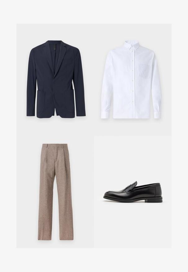 Jūrinis švarkas, pagamintas iš lygaus audinio, su vienu mygtuku, dviem priekinių kišenėmis ir mažąja krūtinės kišenėle. Plonas kirpimas.; Balta ilga rankovė mygtukų marškiniai, pagaminti iš medvilnės, su krūtine kišene ir toniniu siuvinėjimu, apykakle ir mygtukų apvadu.; Rudos, aukšto liemens kelnes, pagamintas iš tekstūruotos medžiagos. Plati kojos, dvi priekinės klostės struktūrai. Tvarkingas apdailos darbai, be matomų detalių.; Juodos odinės loafers, turinčios lygų paviršių, apvalią noselę ir dekoratyvinę juostą per priekinę dalį. Žemas krentantis kulnas, minimalistinis dizainas.