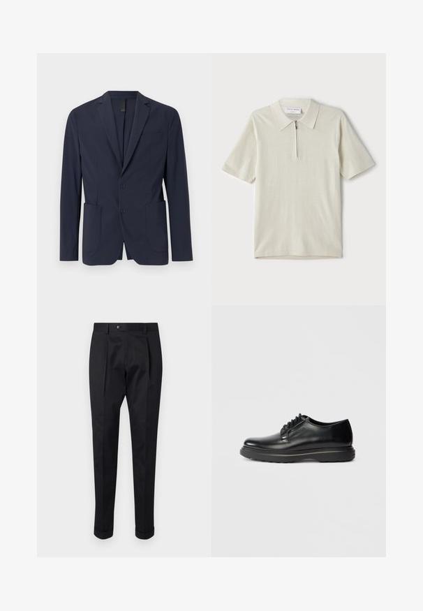 Navy blazer made of smooth fabric, featuring a single-button closure, two front pockets, and a small chest pocket. Slim fit design.; Short-sleeve polo shirt in light beige with a zippered collar. Made of smooth fabric, features a simple, modern design without patterns.; Black trousers made of a smooth fabric, featuring a fold at the front, a button closure, and rolled cuffs at the ankle.; Black leather lace-up Oxford shoe with thick sole and "WATERMAN" embossed on side, shown in profile on light gray background.