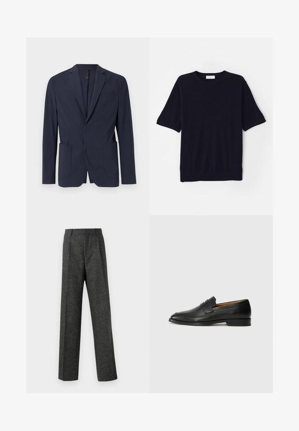 Blazer navy de tejido suave, con cierre de un solo botón, dos bolsillos frontales y un pequeño bolsillo en el pecho. Diseño de ajuste slim.; Camisa de punto de manga corta color azul marino con un cuello redondo, textura suave y un ajuste relajado. Presenta un dobladillo y puños de manga acanalados.; Pantalones gris ajustados hechos de una tela texturizada, con dos pliegues frontales y un diseño de pierna recta. Sin bolsillos visibles ni adornos.; Mocasín de cuero negro con punta redonda, detalles de costura sutil y un tacón bajo, que presenta una textura suave y un diseño minimalista.