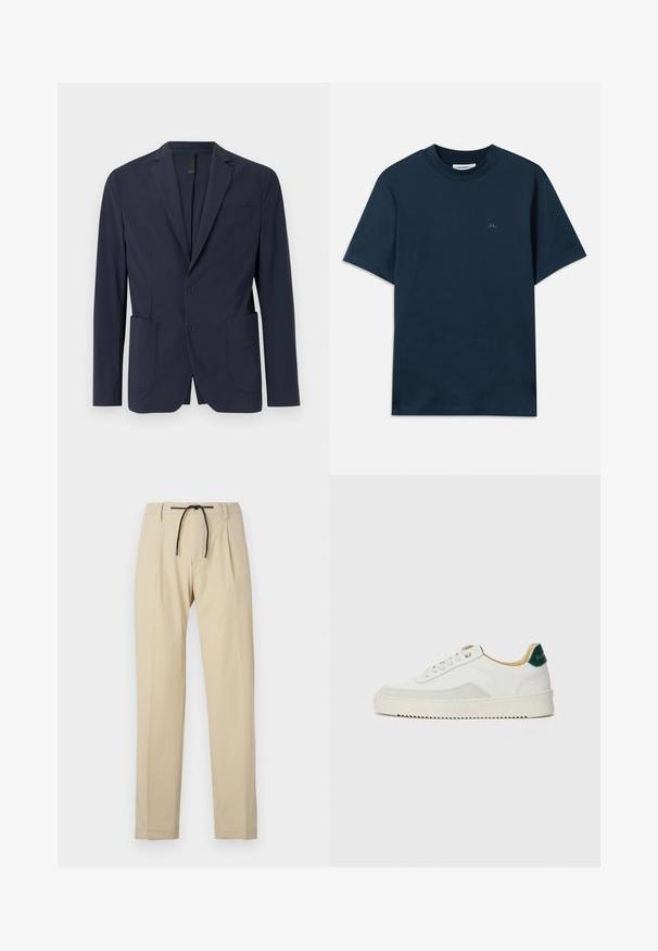 Granatowa marynarka z gładkiego materiału, z pojedynczym zapięciem na guzik, dwoma przednimi kieszeniami oraz małą kieszonką na piersi. Slim fit.; Granatowa bawełniana koszulka z okrągłym dekoltem, krótkim rękawem i subtelnym logo nadrukowanym na piersi. Gładka faktura i klasyczny krój.; Beżowe spodnie o prostym kroju, z elastycznym pasem, plisowanym przodem i gładką fakturą. Prosty, uniwersalny design.; Białe trampki z zamszowymi akcentami, zaokrąglony czubek, płaskie sznurowadła i kremowa gumowa podeszwa. Posiadają zielone logo na pięcie.