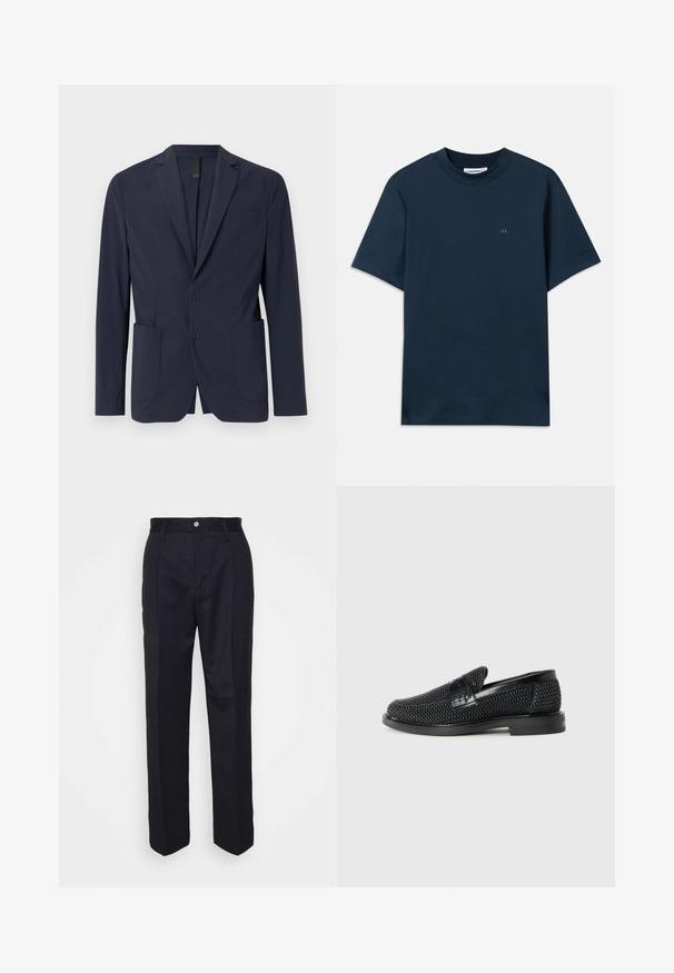 Granatowa marynarka z gładkiego materiału, z pojedynczym zapięciem na guzik, dwoma przednimi kieszeniami oraz małą kieszonką na piersi. Slim fit.; Granatowa bawełniana koszulka z okrągłym dekoltem, krótkim rękawem i subtelnym logo nadrukowanym na piersi. Gładka faktura i klasyczny krój.; Czarne spódnie o prostym kroju, uszyte z gładkiej tkaniny, z zapięciem na guzik z przodu oraz dwoma bocznymi kieszeniami.; Czarny, pleciony but wsuwany z gładkim skórzanym akcentem na cholewce, o okrągłym nosku i niskoprofilowej gumowej podeszwie.